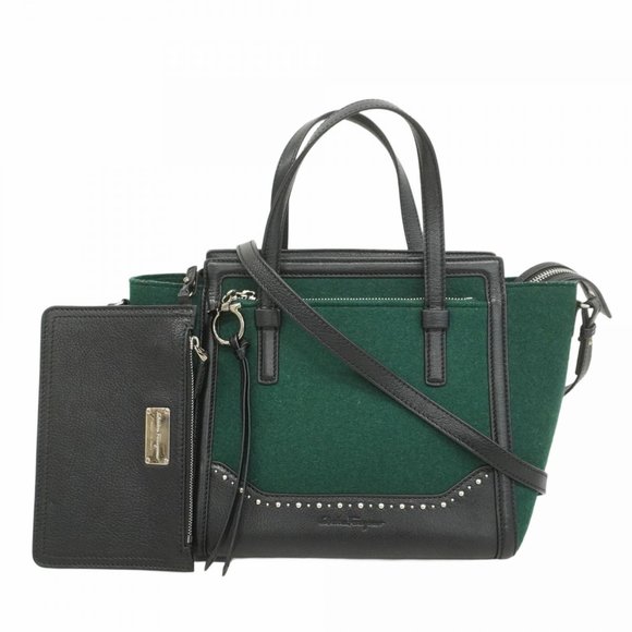 Salvatore Ferragamo Gancini Leather and Felt Handbag in Green Black for Women - Picture 1 of 12